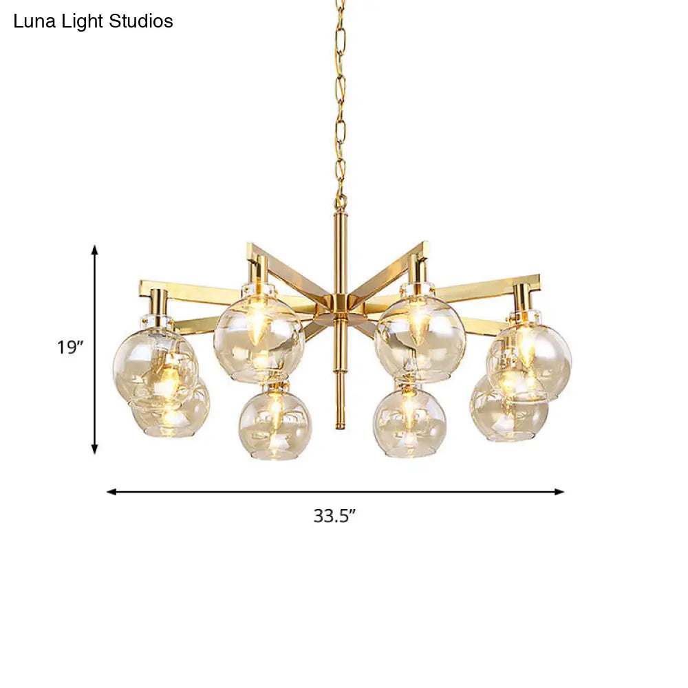 Contemporary 8-Head Gold Ball Chandelier With Amber Glass Shade - Stylish Ceiling Hanging Light