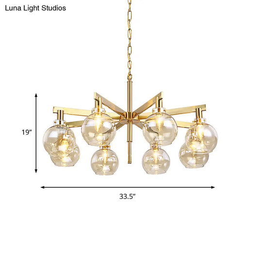 Contemporary 8-Head Gold Ball Chandelier With Amber Glass Shade - Stylish Ceiling Hanging Light