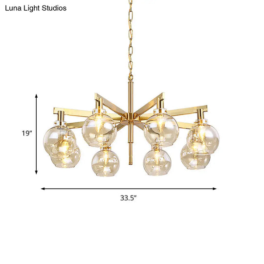 Stylish 8-Head Gold Ball Chandelier With Amber Glass Shade - Modern Ceiling Hanging Light