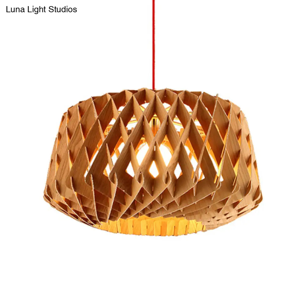 Stylish Asian Beige Wood Drum Drop Pendant Ceiling Light With Crisscross Pattern - 1 Head