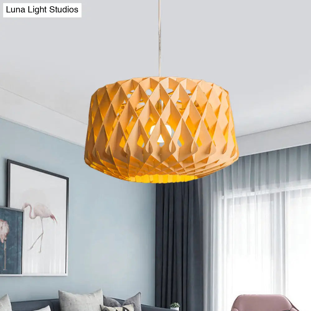 Stylish Asian Beige Wood Drum Drop Pendant Ceiling Light With Crisscross Pattern - 1 Head