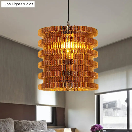 Stylish Asian Restaurant Pendant Light: 1-Light Hanging Lamp With Corrugated Paper Shade In Brown