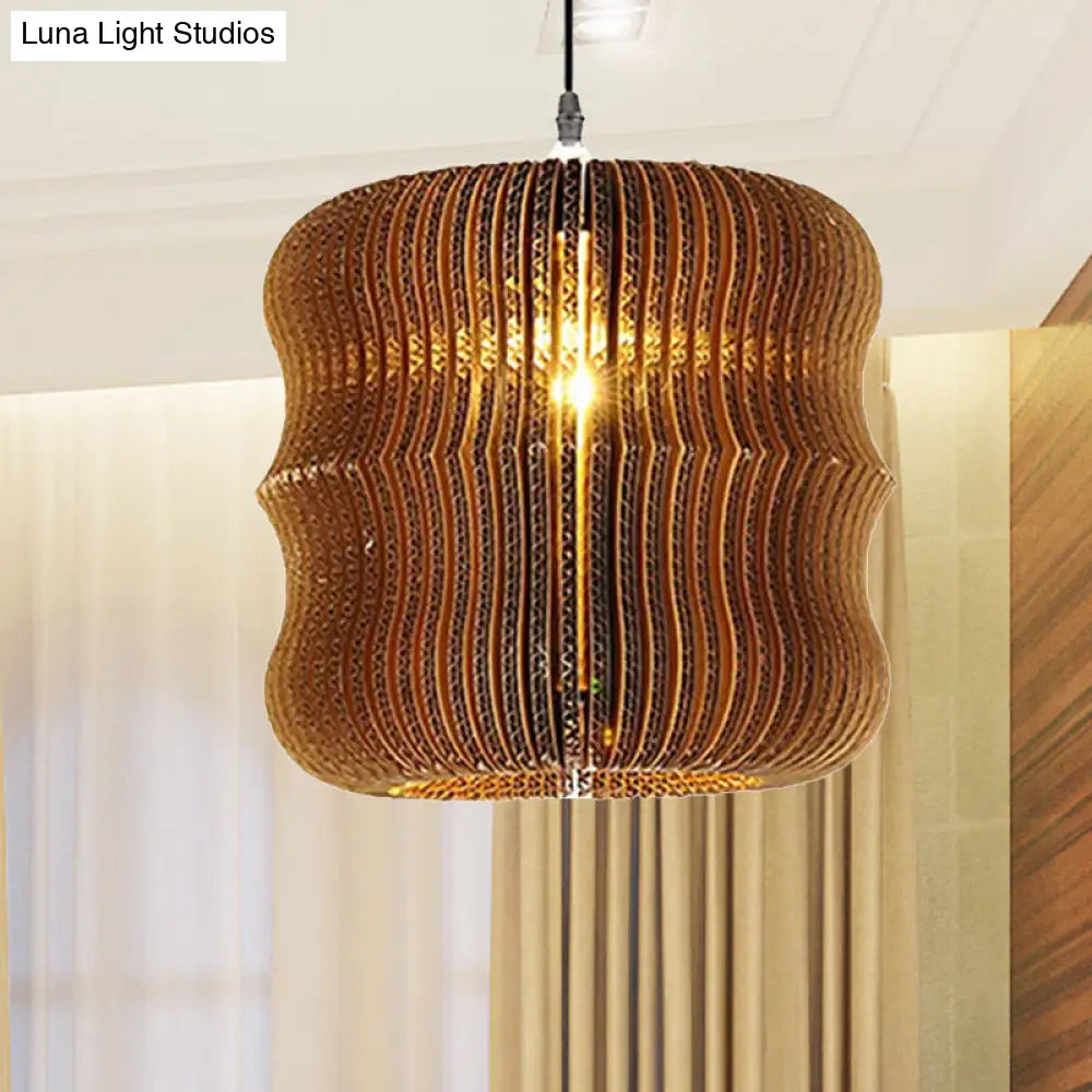 Stylish Asian Restaurant Pendant Light Fixture - Brown Hanging Lamp With Corrugated Paper