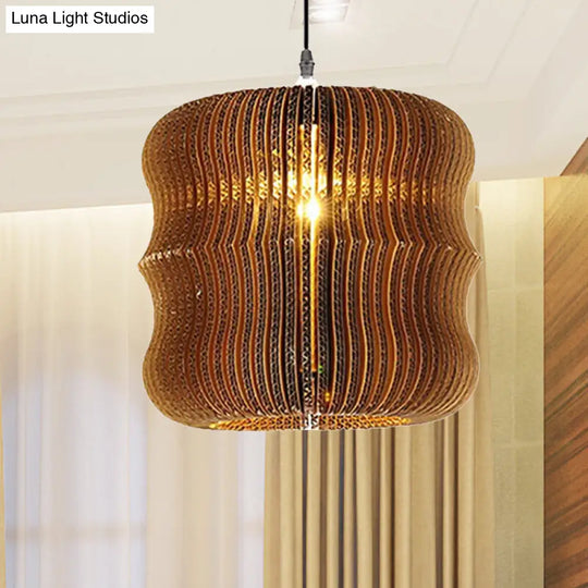 Stylish Asian Restaurant Pendant Light Fixture - Brown Hanging Lamp With Corrugated Paper