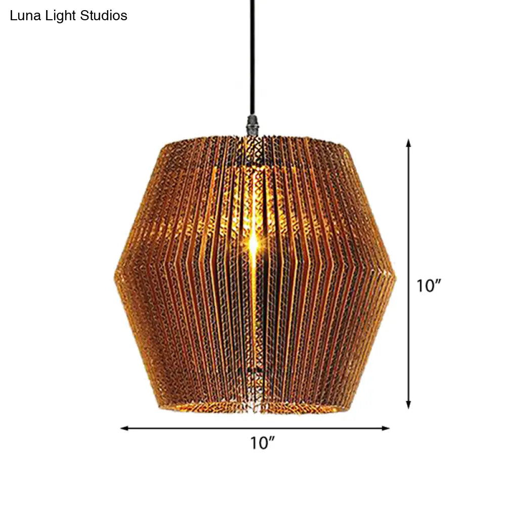 Stylish Asian Restaurant Pendant Light: 1-Light Hanging Lamp With Corrugated Paper Shade In Brown