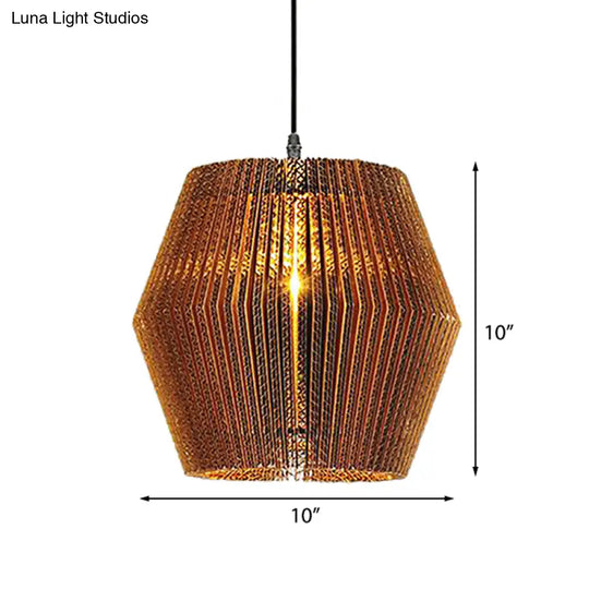 Stylish Asian Restaurant Pendant Light: 1-Light Hanging Lamp With Corrugated Paper Shade In Brown