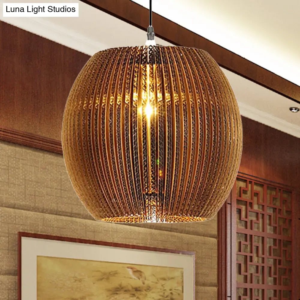 Stylish Asian Restaurant Pendant Light: 1-Light Hanging Lamp With Corrugated Paper Shade In Brown