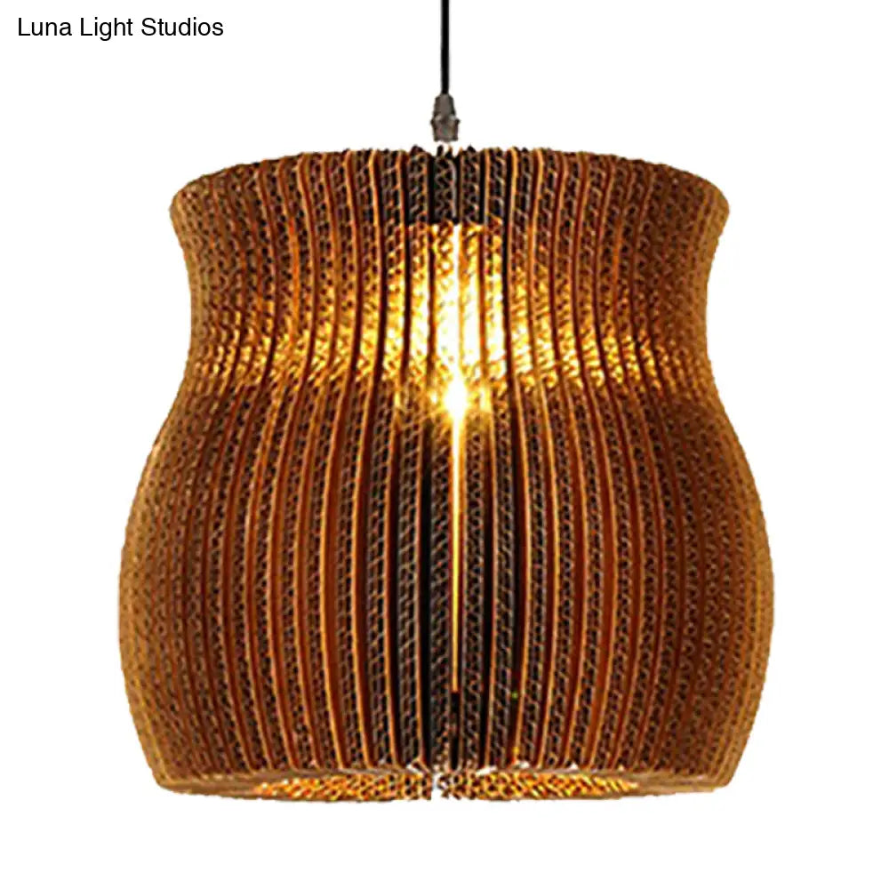 Stylish Asian Restaurant Pendant Light: 1-Light Hanging Lamp With Corrugated Paper Shade In Brown