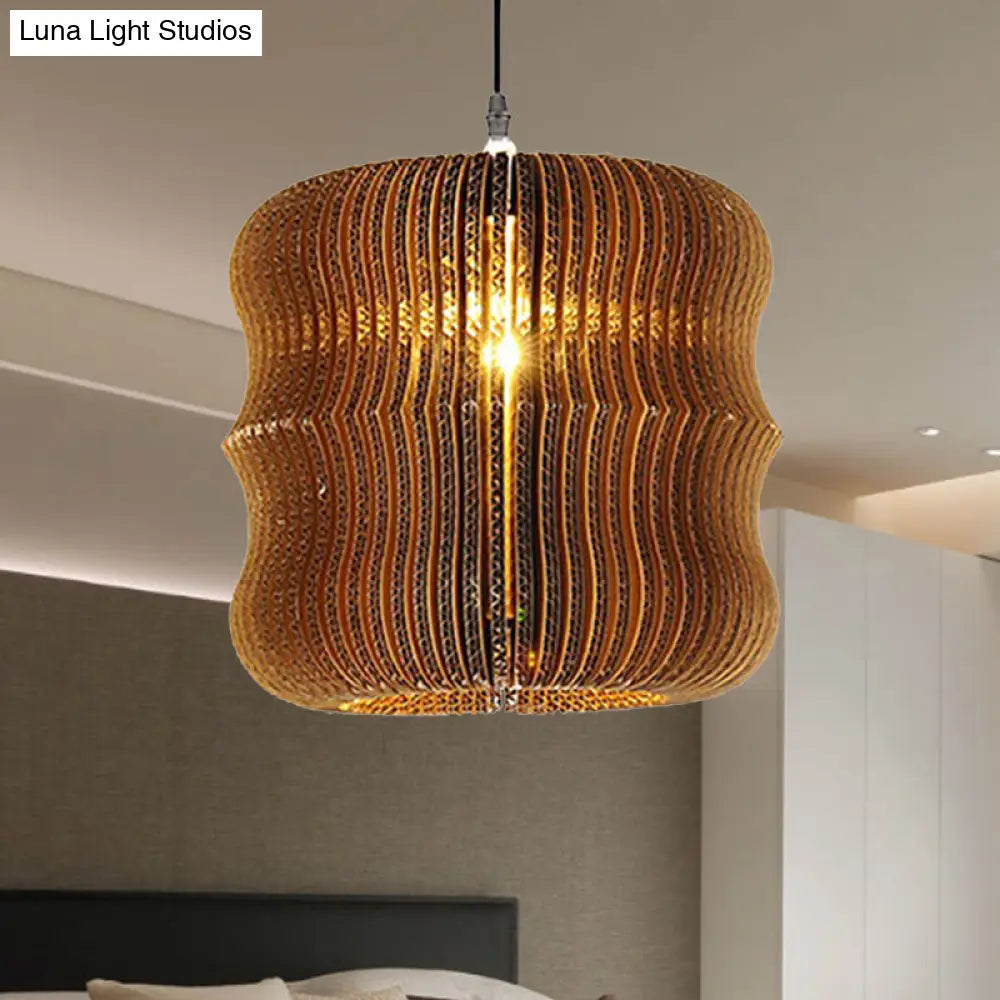 Stylish Asian Restaurant Pendant Light Fixture - Brown Hanging Lamp With Corrugated Paper