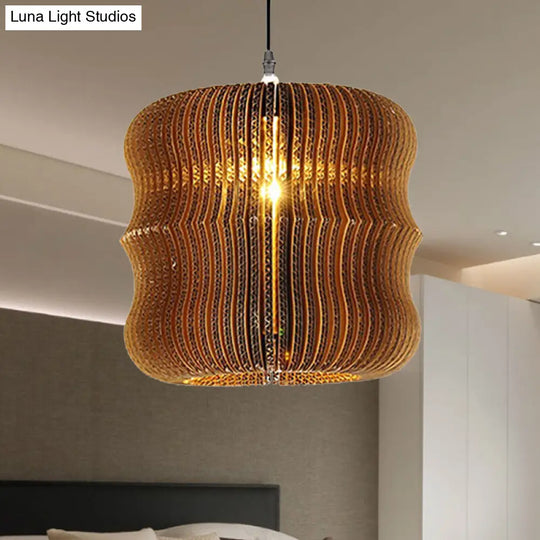 Stylish Asian Restaurant Pendant Light Fixture - Brown Hanging Lamp With Corrugated Paper