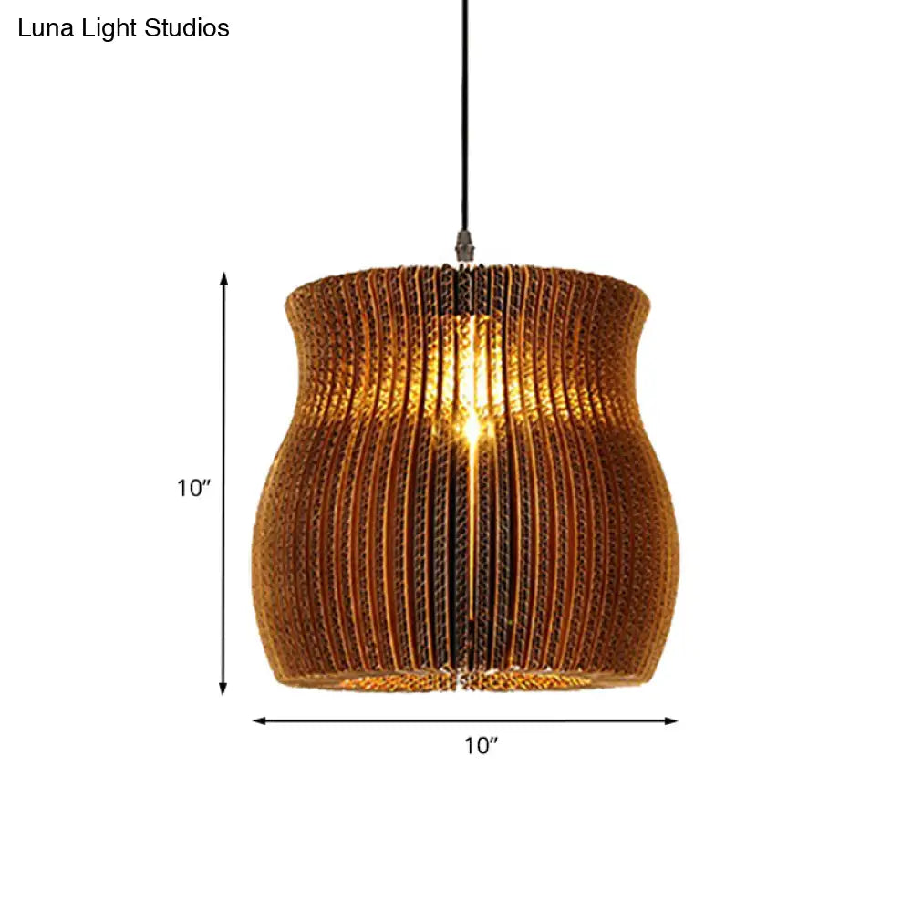 Stylish Asian Restaurant Pendant Light: 1-Light Hanging Lamp With Corrugated Paper Shade In Brown