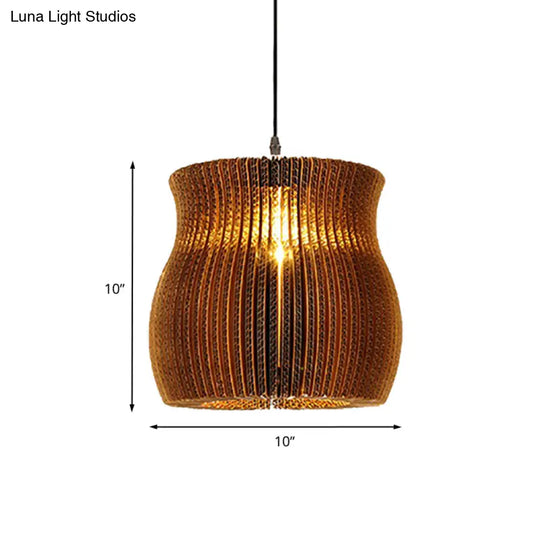 Stylish Asian Restaurant Pendant Light: 1-Light Hanging Lamp With Corrugated Paper Shade In Brown