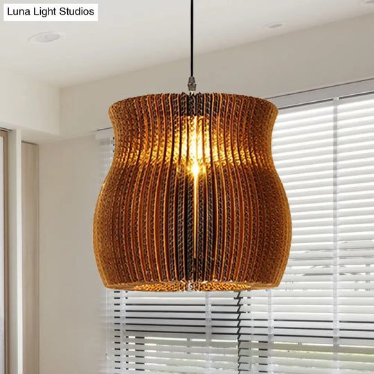 Stylish Asian Restaurant Pendant Light Fixture - Brown Hanging Lamp With Corrugated Paper