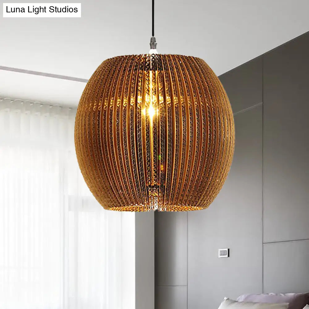 Stylish Asian Restaurant Pendant Light Fixture - Brown Hanging Lamp With Corrugated Paper