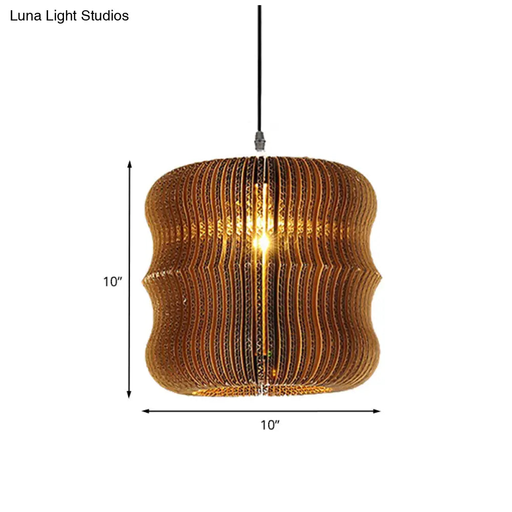 Stylish Asian Restaurant Pendant Light: 1-Light Hanging Lamp With Corrugated Paper Shade In Brown