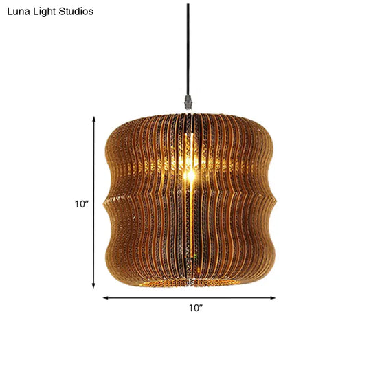 Stylish Asian Restaurant Pendant Light: 1-Light Hanging Lamp With Corrugated Paper Shade In Brown