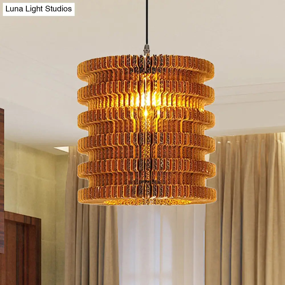 Stylish Asian Restaurant Pendant Light Fixture - Brown Hanging Lamp With Corrugated Paper