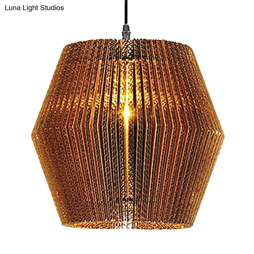 Stylish Asian Restaurant Pendant Light Fixture - Brown Hanging Lamp With Corrugated Paper