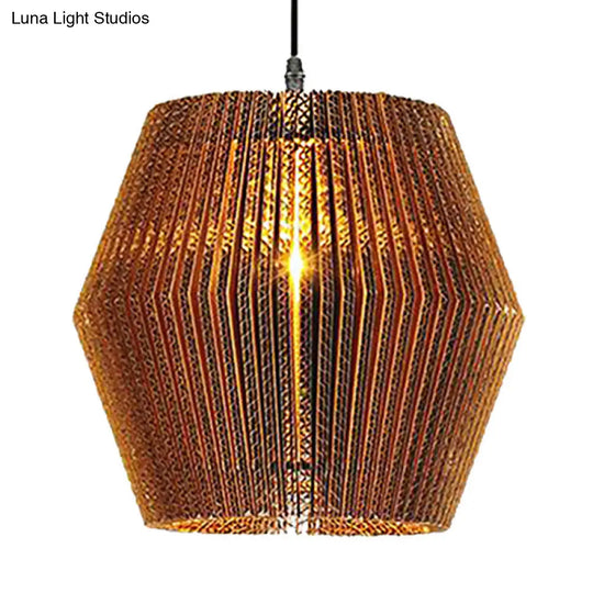 Stylish Asian Restaurant Pendant Light Fixture - Brown Hanging Lamp With Corrugated Paper