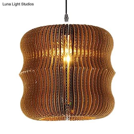 Stylish Asian Restaurant Pendant Light: 1-Light Hanging Lamp With Corrugated Paper Shade In Brown