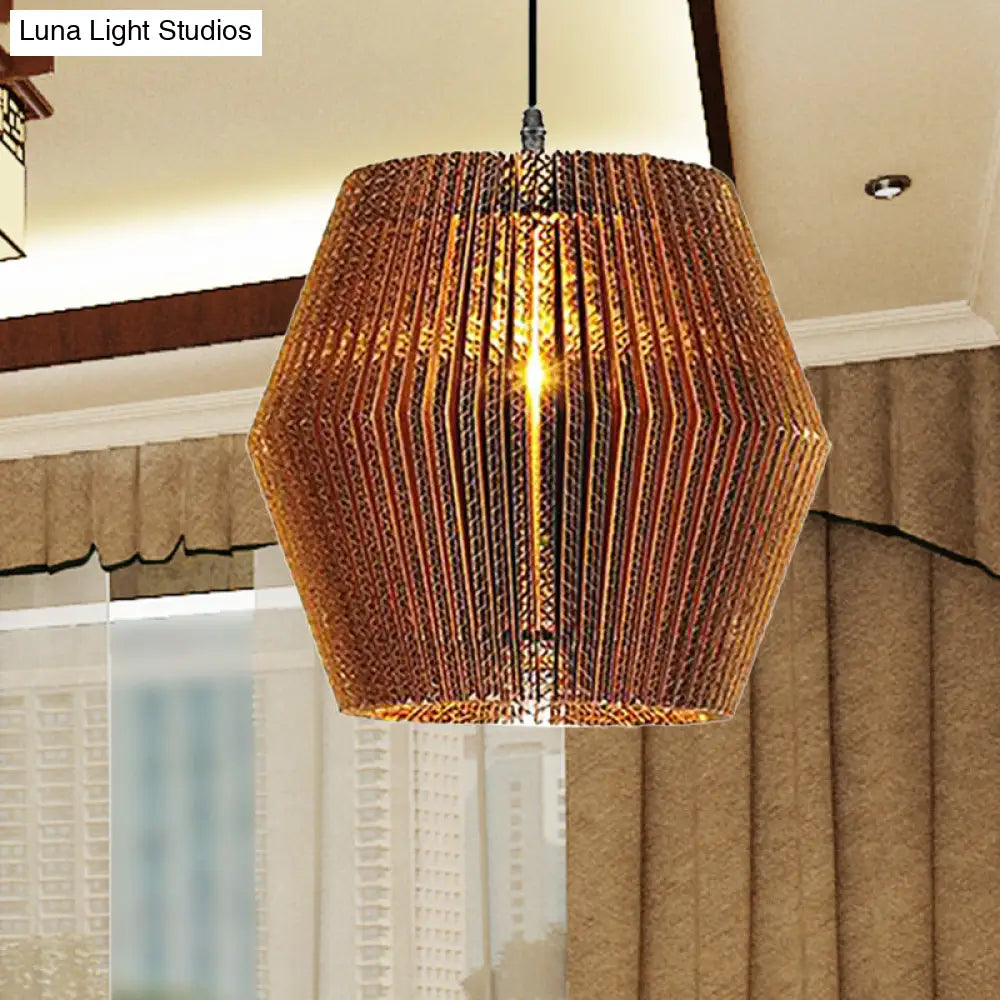 Stylish Asian Restaurant Pendant Light: 1-Light Hanging Lamp With Corrugated Paper Shade In Brown