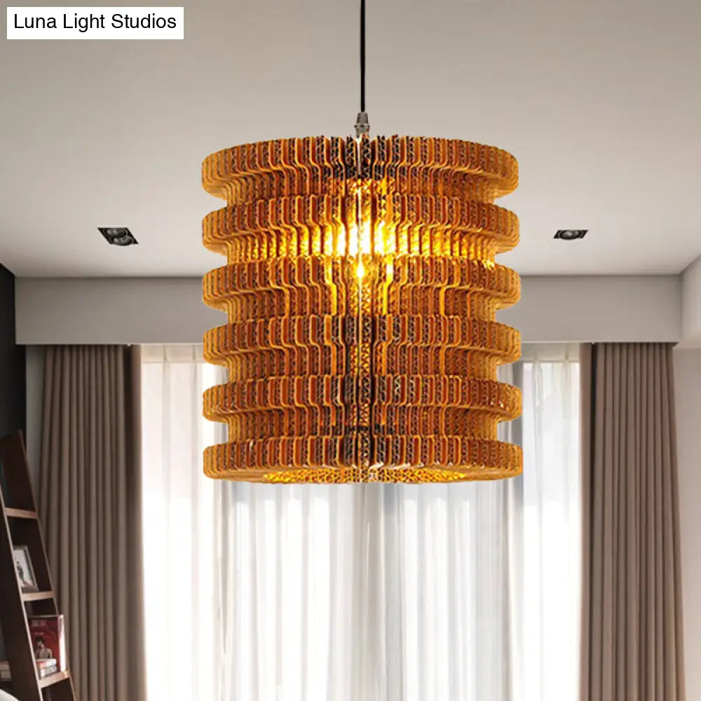 Stylish Asian Restaurant Pendant Light Fixture - Brown Hanging Lamp With Corrugated Paper