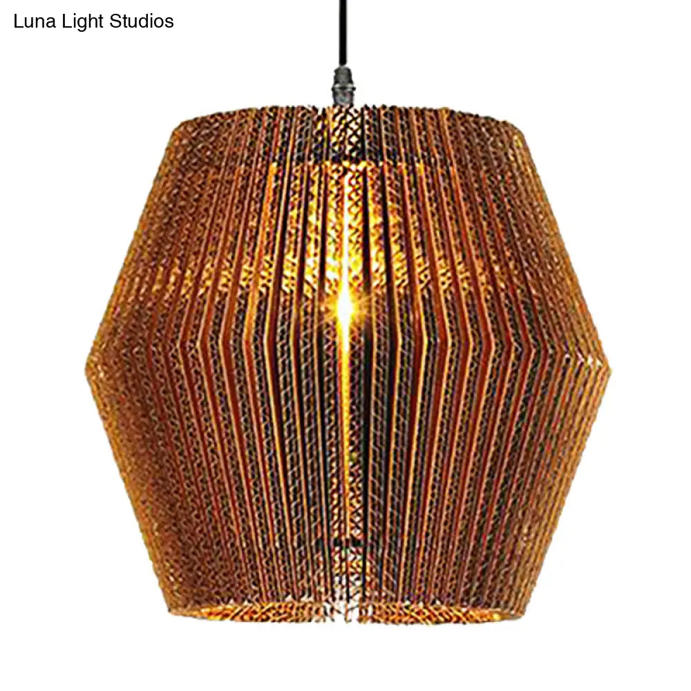 Stylish Asian Restaurant Pendant Light: 1-Light Hanging Lamp With Corrugated Paper Shade In Brown