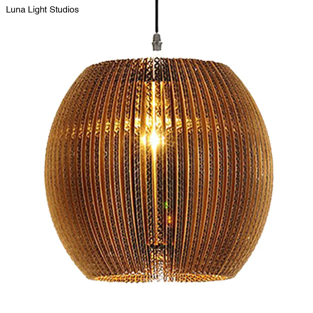 Stylish Asian Restaurant Pendant Light: 1-Light Hanging Lamp With Corrugated Paper Shade In Brown