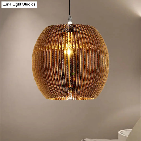 Stylish Asian Restaurant Pendant Light: 1-Light Hanging Lamp With Corrugated Paper Shade In Brown