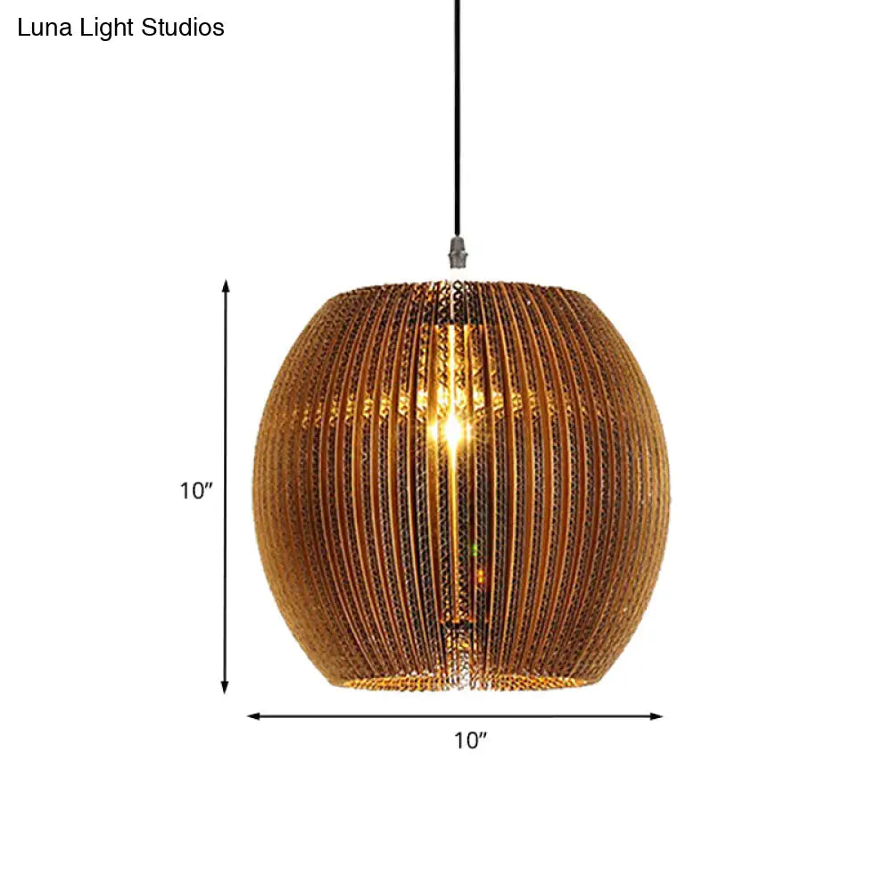 Stylish Asian Restaurant Pendant Light: 1-Light Hanging Lamp With Corrugated Paper Shade In Brown