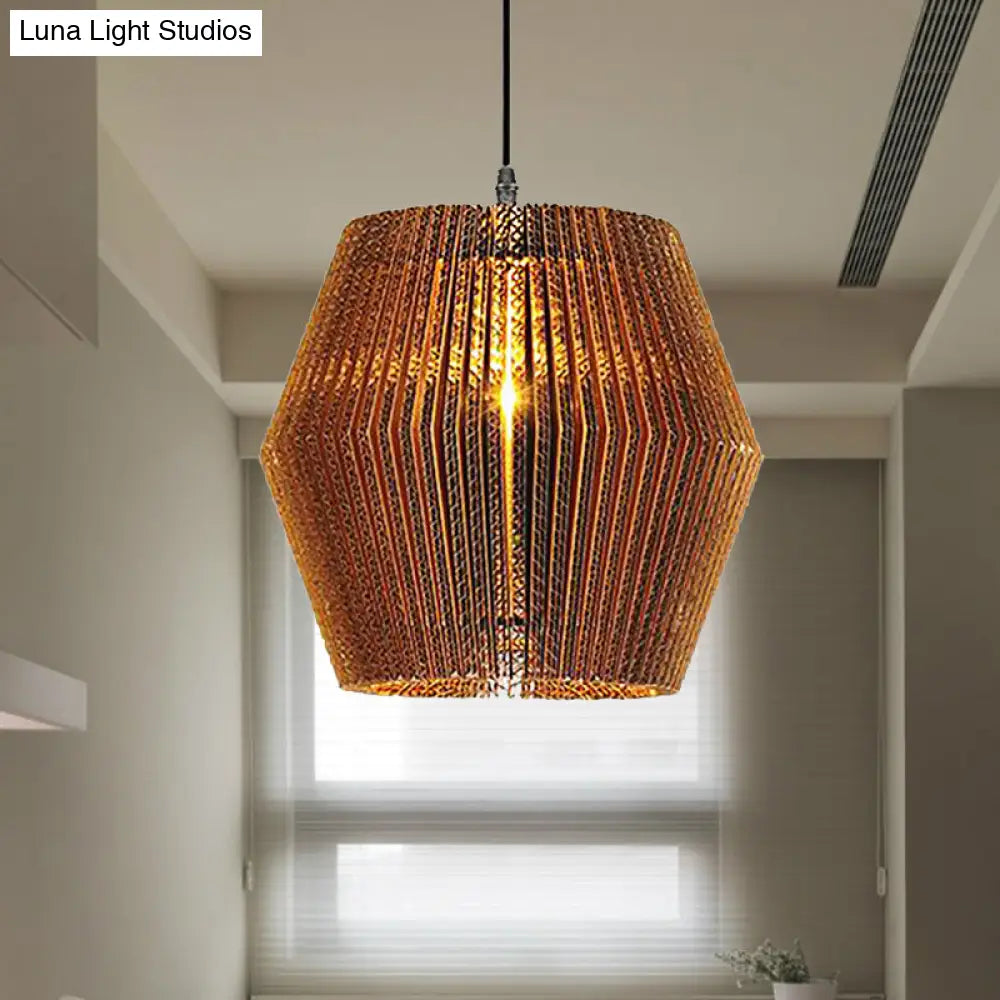 Stylish Asian Restaurant Pendant Light: 1-Light Hanging Lamp With Corrugated Paper Shade In Brown