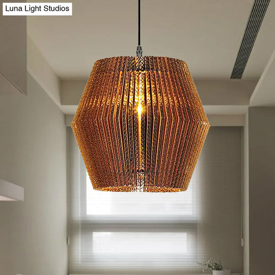 Stylish Asian Restaurant Pendant Light: 1-Light Hanging Lamp With Corrugated Paper Shade In Brown