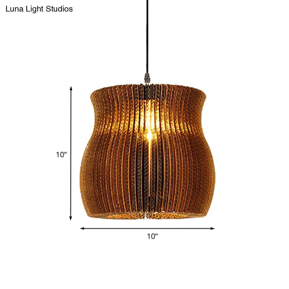 Stylish Asian Restaurant Pendant Light Fixture - Brown Hanging Lamp With Corrugated Paper