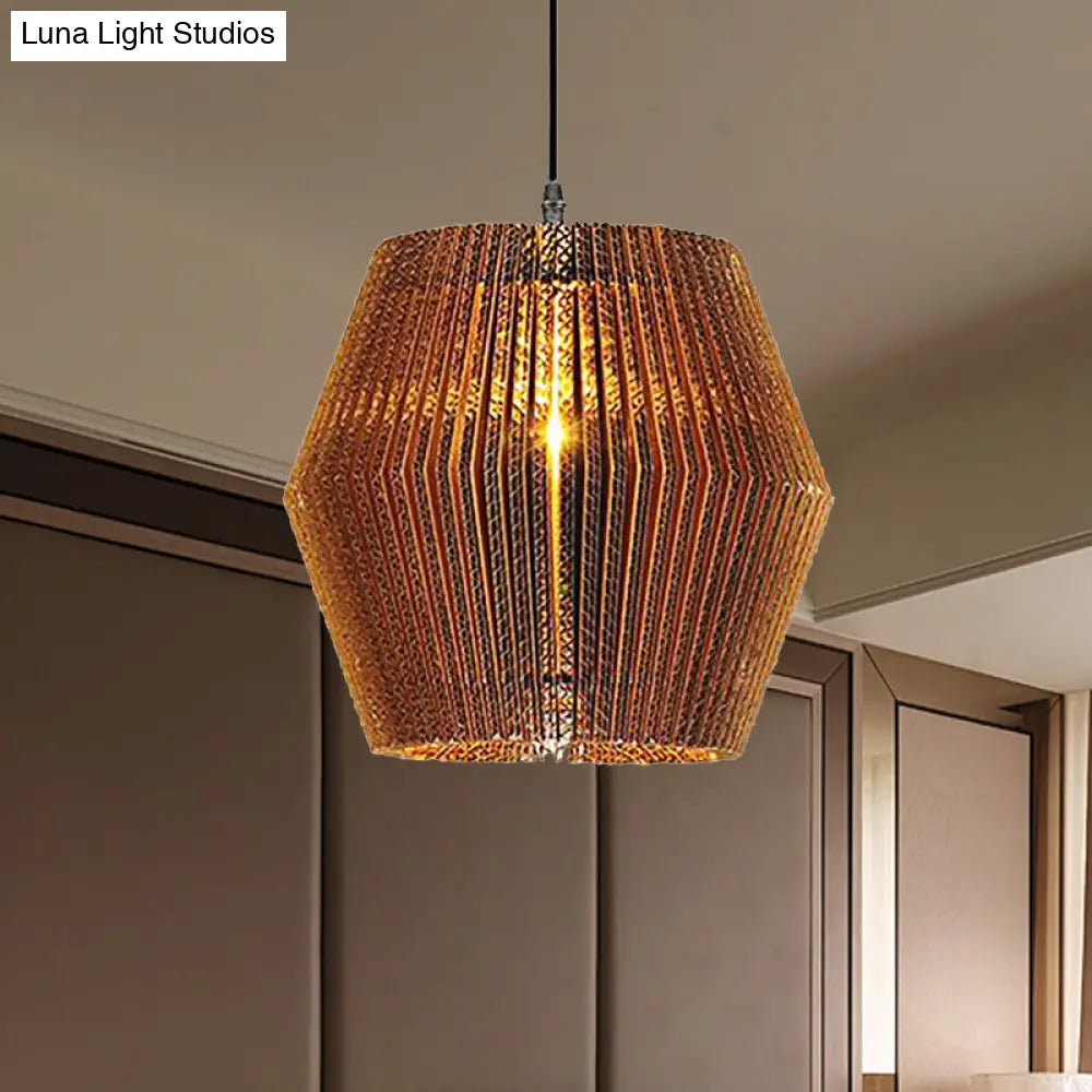 Stylish Asian Restaurant Pendant Light Fixture - Brown Hanging Lamp With Corrugated Paper