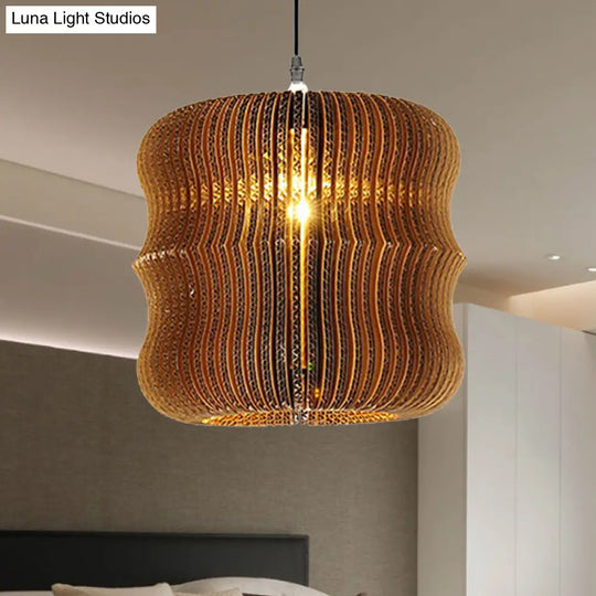 Stylish Asian Restaurant Pendant Light: 1-Light Hanging Lamp With Corrugated Paper Shade In Brown