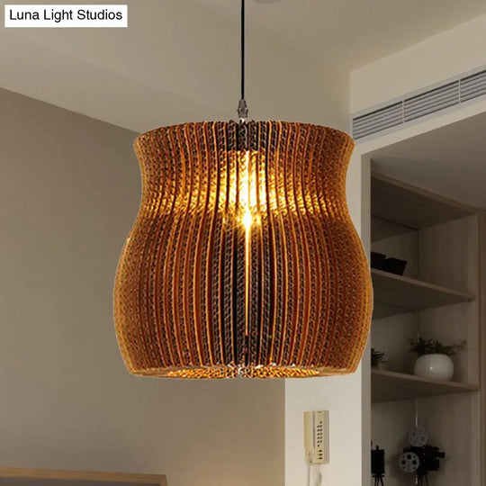 Stylish Asian Restaurant Pendant Light Fixture - Brown Hanging Lamp With Corrugated Paper