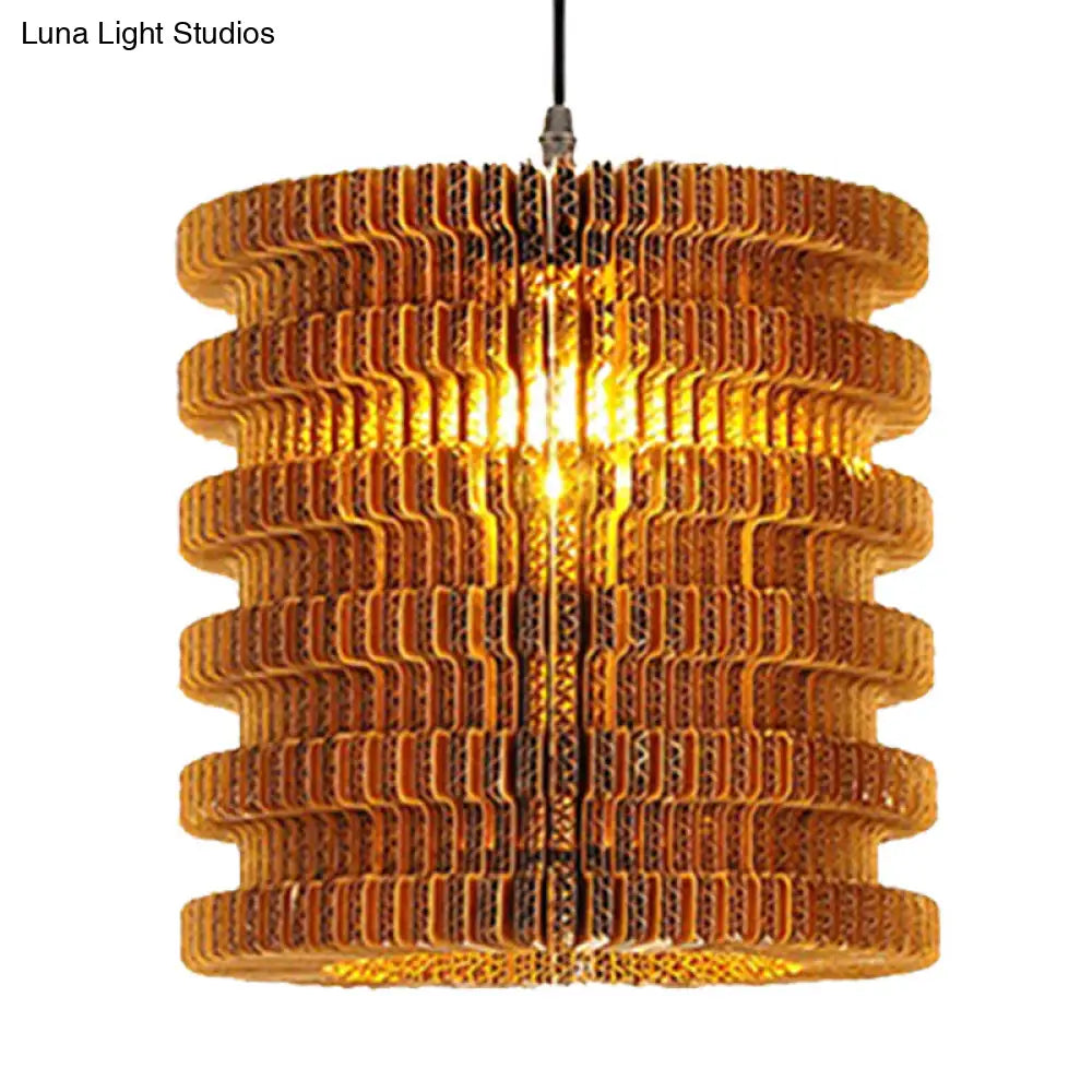 Stylish Asian Restaurant Pendant Light: 1-Light Hanging Lamp With Corrugated Paper Shade In Brown