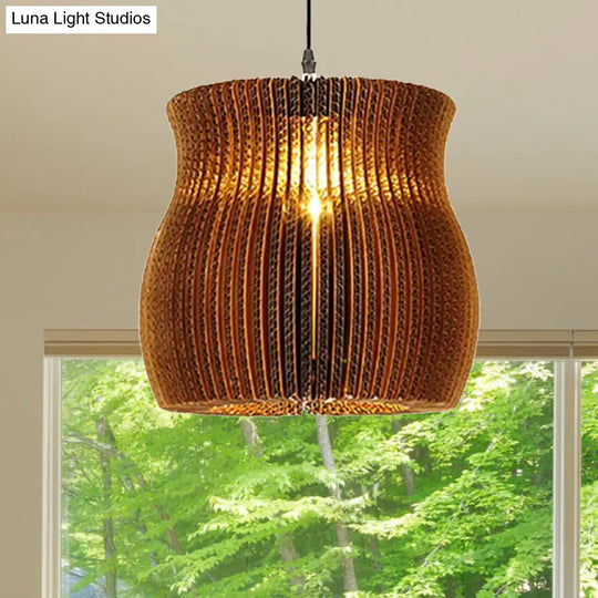 Stylish Asian Restaurant Pendant Light: 1-Light Hanging Lamp With Corrugated Paper Shade In Brown