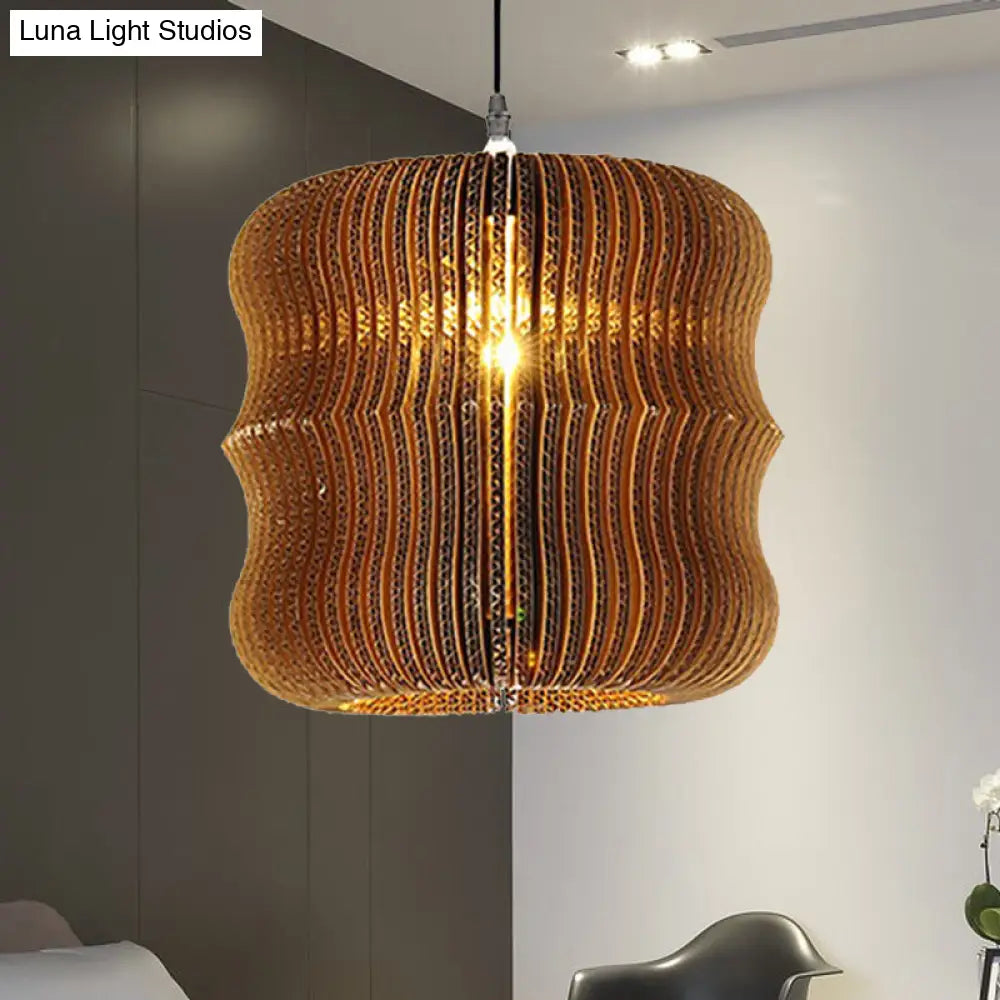 Stylish Asian Restaurant Pendant Light Fixture - Brown Hanging Lamp With Corrugated Paper