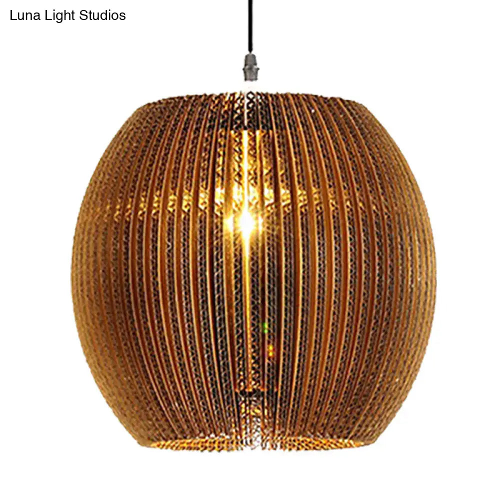 Stylish Asian Restaurant Pendant Light Fixture - Brown Hanging Lamp With Corrugated Paper