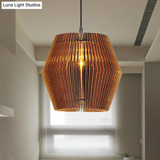 Stylish Asian Restaurant Pendant Light Fixture - Brown Hanging Lamp With Corrugated Paper