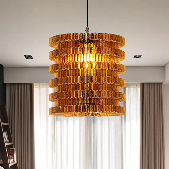 Stylish Asian Restaurant Pendant Light: 1-Light Hanging Lamp With Corrugated Paper Shade In Brown /