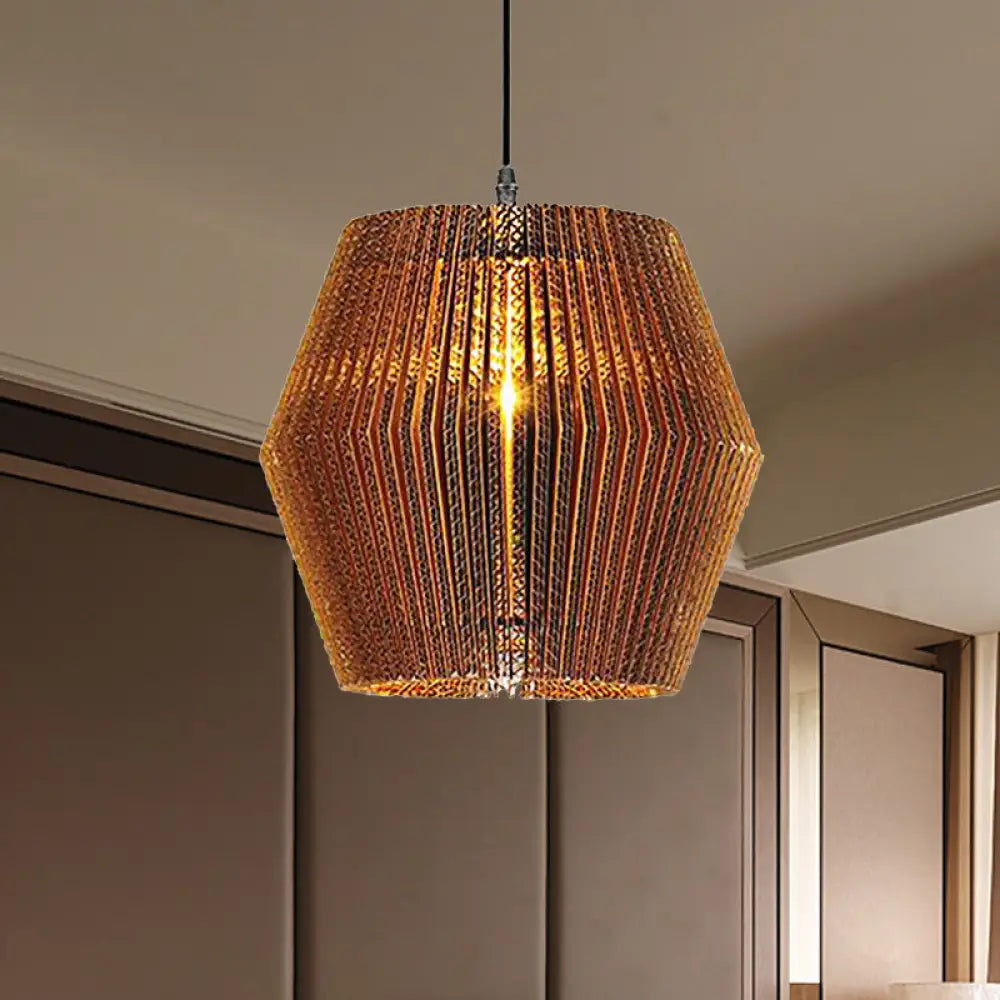 Stylish Asian Restaurant Pendant Light: 1-Light Hanging Lamp With Corrugated Paper Shade In Brown /