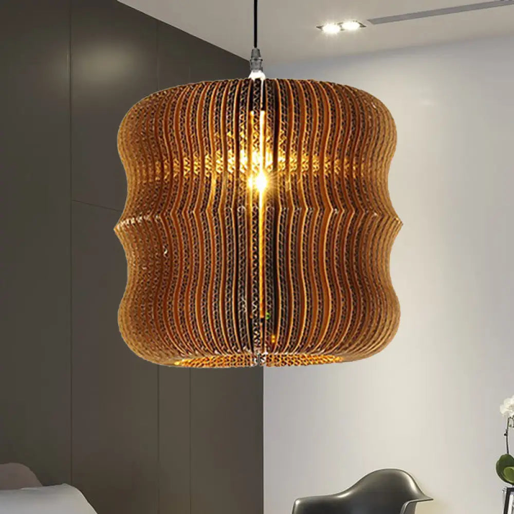 Stylish Asian Restaurant Pendant Light: 1-Light Hanging Lamp With Corrugated Paper Shade In Brown /