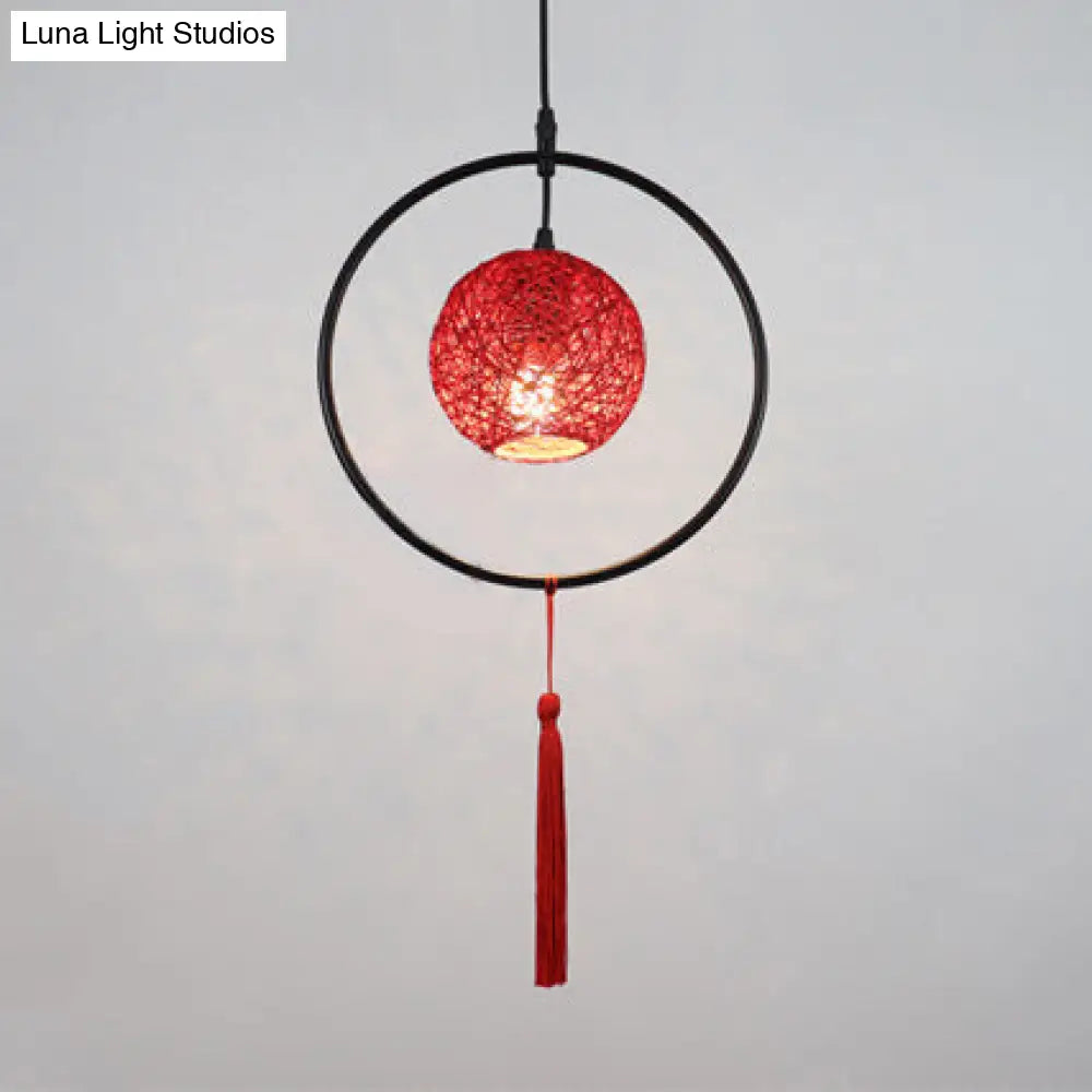 Stylish Asian Woven Rattan Pendant Lamp With Tassels - Beige/Blue/Red