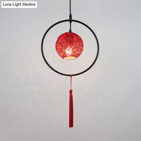 Stylish Asian Woven Rattan Pendant Lamp With Tassels - Beige/Blue/Red