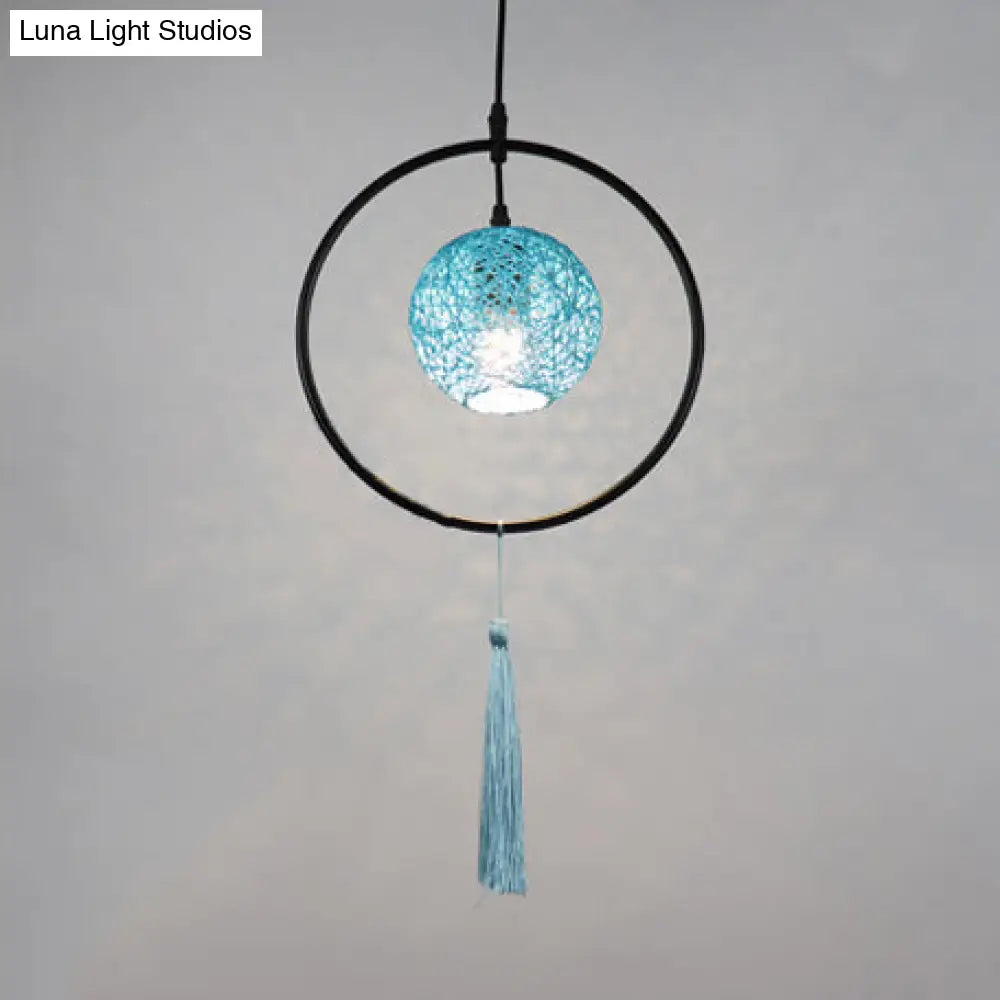 Stylish Asian Woven Rattan Pendant Lamp With Tassels - Beige/Blue/Red