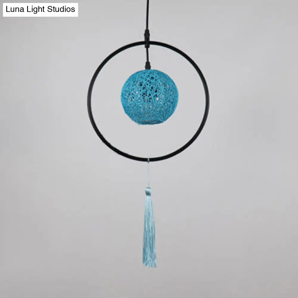 Stylish Asian Woven Rattan Pendant Lamp With Tassels - Beige/Blue/Red