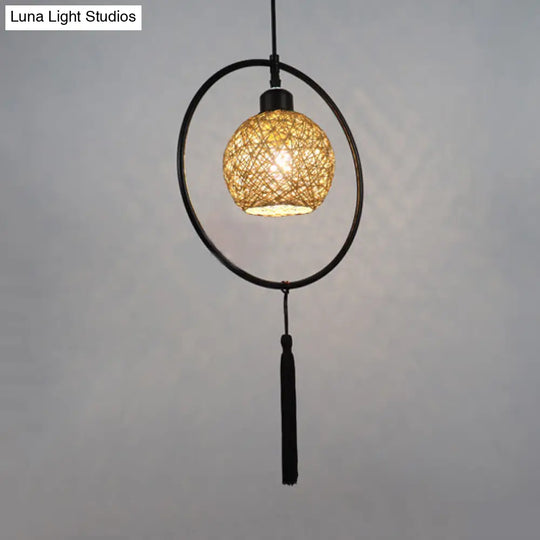 Stylish Asian Woven Rattan Pendant Lamp With Tassels - Beige/Blue/Red