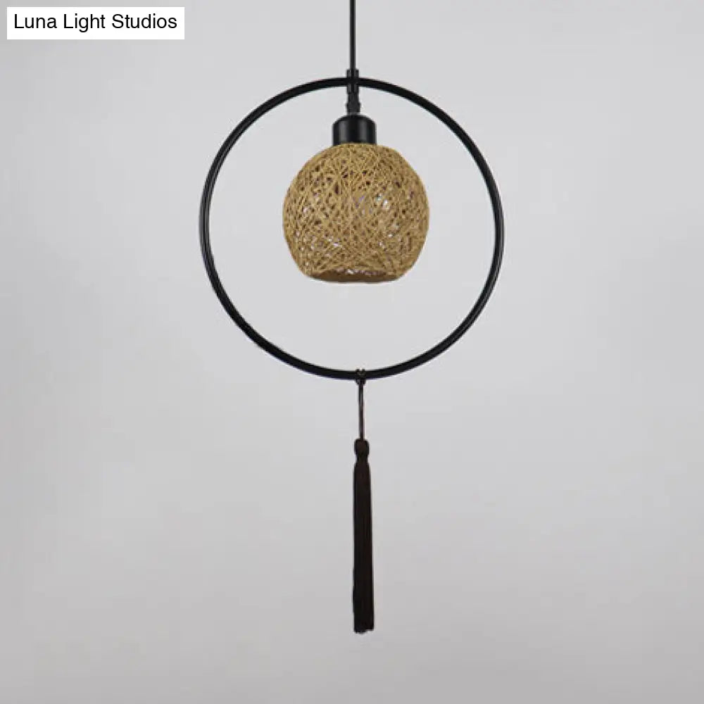 Stylish Asian Woven Rattan Pendant Lamp With Tassels - Beige/Blue/Red